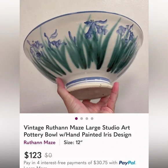 Ruthann Maze 14” Round Platter. Features her Purple Iris Design. Pottery. - Picture 8 of 11